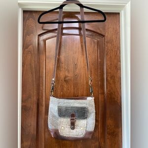 Myra Crossbody Bag Hair On Hide Leather Grays and Brown 12 x 10 x 3
